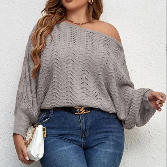 Plus Off Shoulder Batwing Sweater Top - Picture 7 of 13